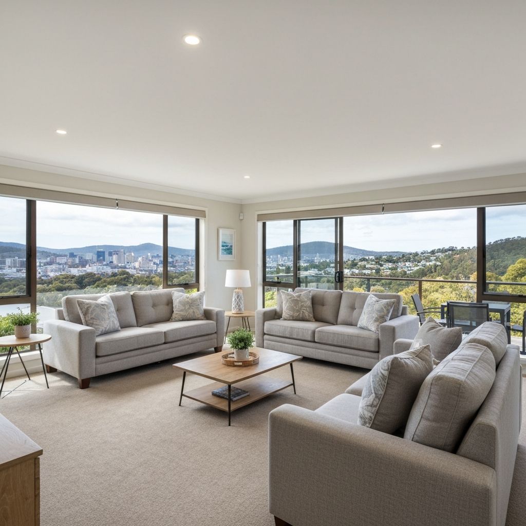 Bright and comfortable living room of the Views of Hobart holiday home, with large windows framing the Hobart cityscape